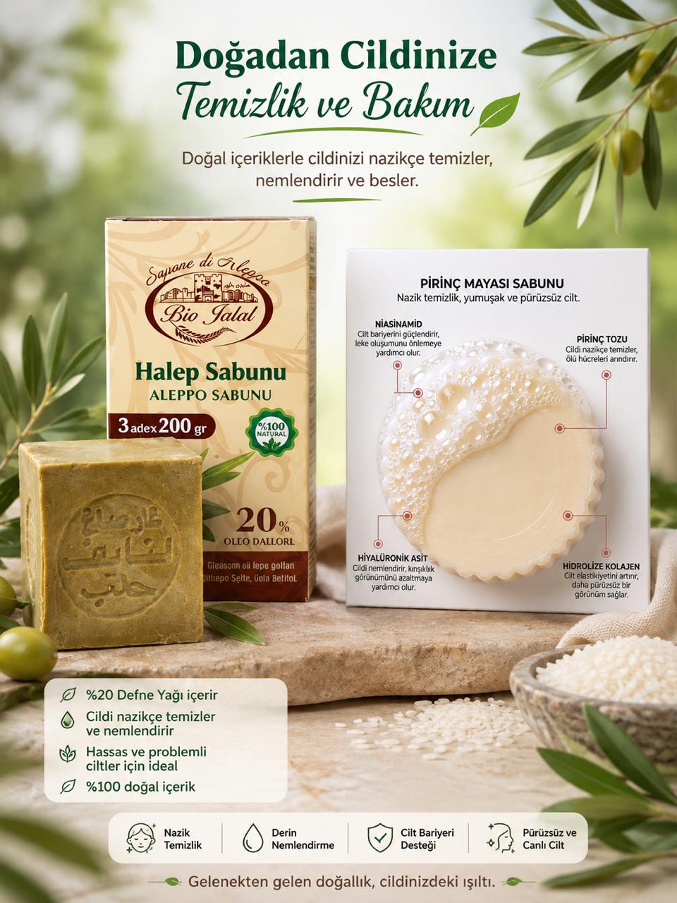4204014 PROMAR EL YAPIMI DOĞAL ZEYTİN YAĞI VE DEFNE SABUNU 3 ADET + PİRİNÇ SÜTÜ SABUNU (HEDİYE) - Görsel 1